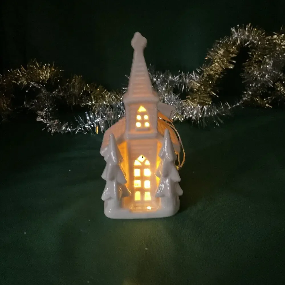 White Ceramic Light Up Church Christmas Ornament LED Glowing Chapel Pine Trees